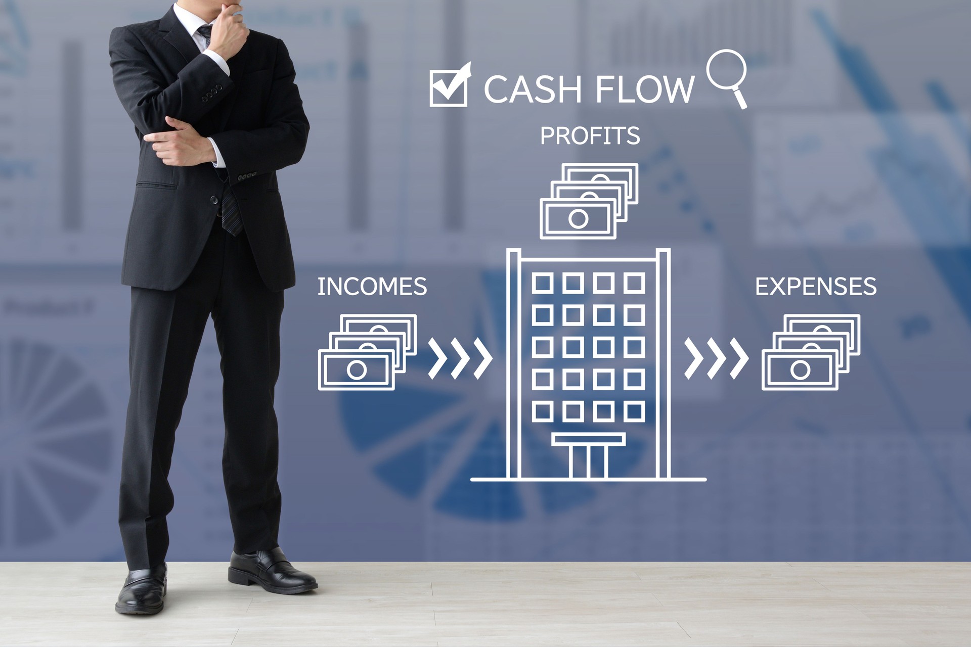 Composite image of thinking businessman and company's cash flow